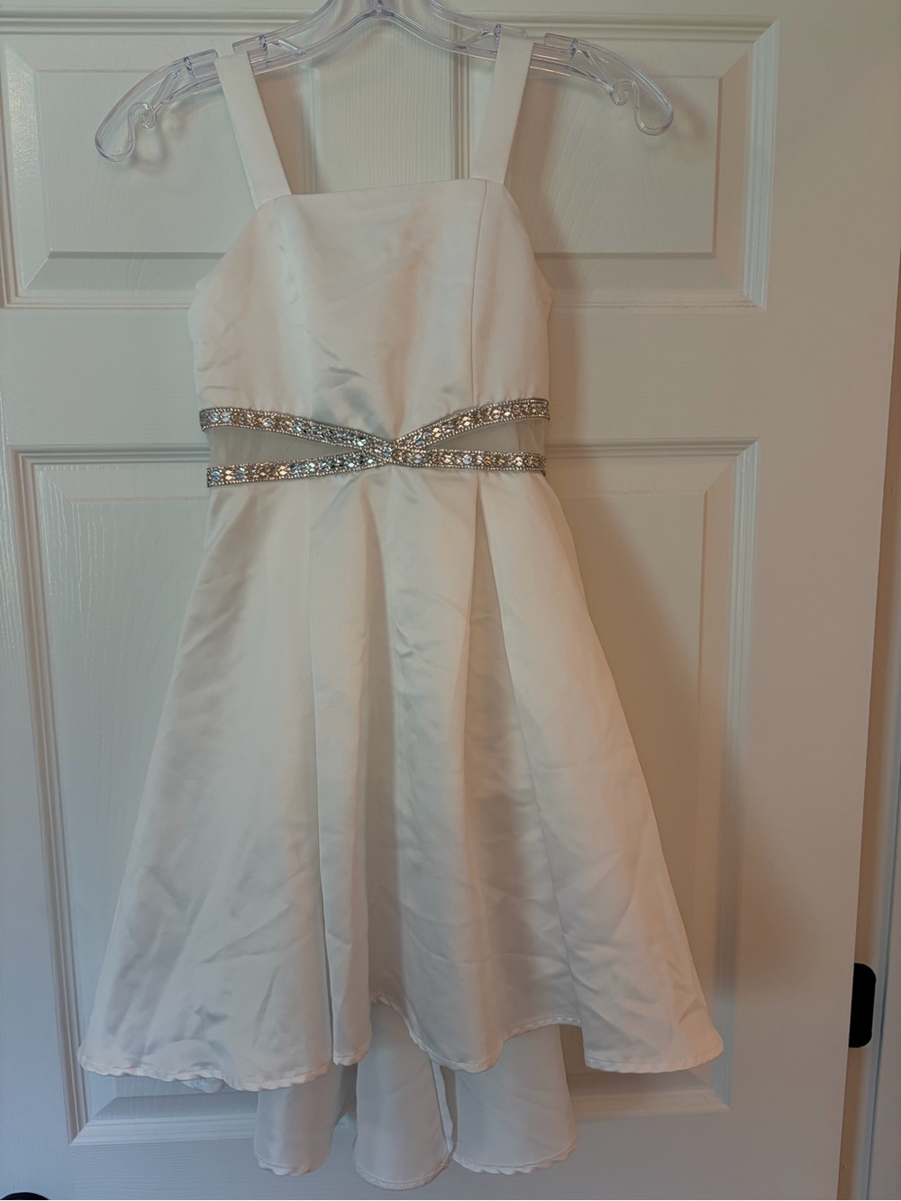 Girls' white pageant party dress with rhinestone waist